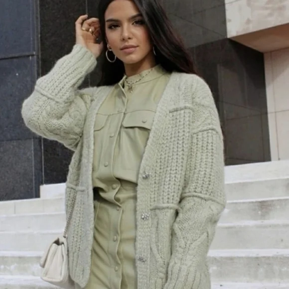 Zara Sage Green Jewel Button Wool Blend Cardigan Size S - Picture 5 of 16
